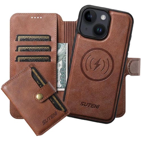 Funda de cuero Suteni Q05S1 3 en 1 con función de billetera desmontable y MagSafe para iPhone 14 (marrón)