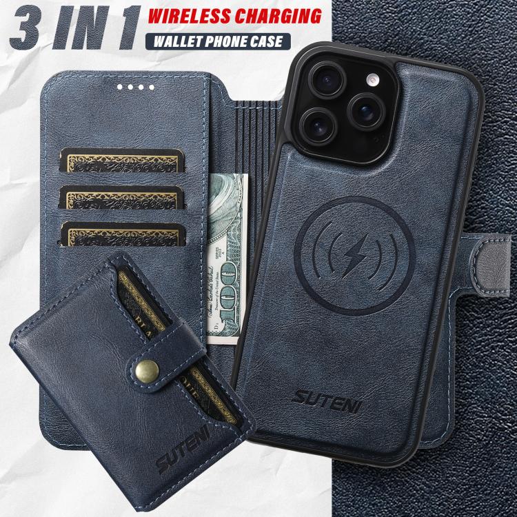 Funda de cuero Suteni Q05S1 3 en 1 con función de billetera desmontable y MagSafe para iPhone 14 (azul)