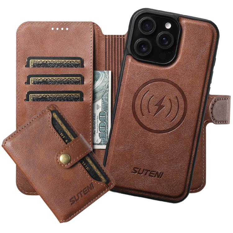 Funda de cuero Suteni Q05S1 3 en 1 con función de billetera desmontable y MagSafe para iPhone 14 Pro Max (marrón)