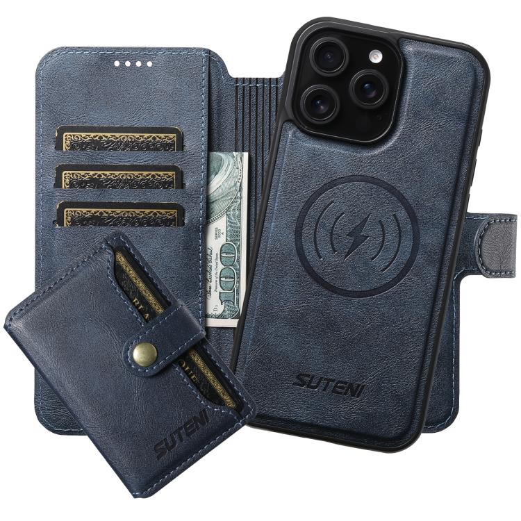 Funda de cuero Suteni Q05S1 3 en 1 con función de billetera desmontable y MagSafe para iPhone 14 Pro Max (azul)