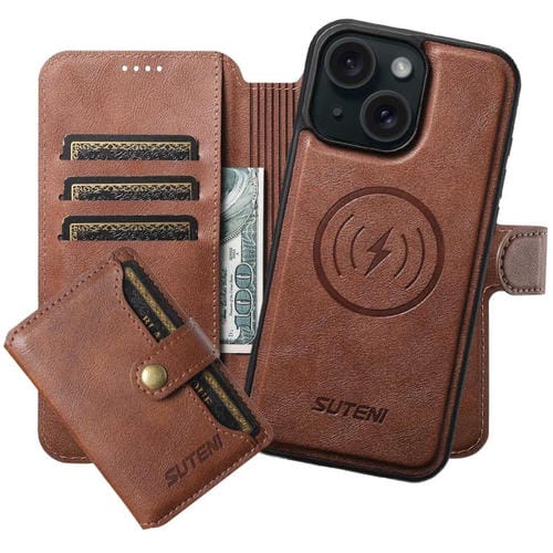 Funda de cuero Suteni Q05S1 3 en 1 con función de billetera desmontable y MagSafe para iPhone 15 (marrón)