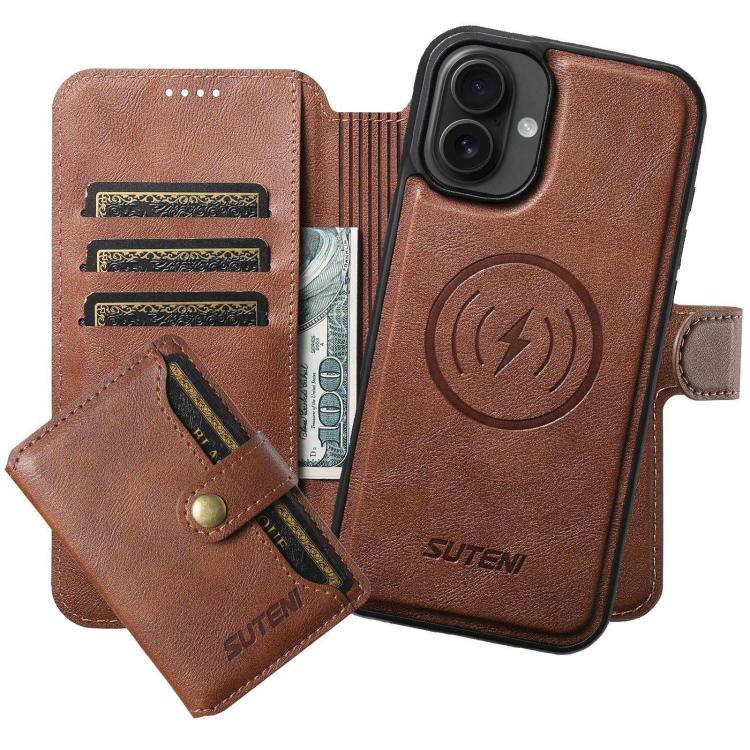 Funda de cuero Suteni Q05S1 3 en 1 con función de billetera desmontable y MagSafe para iPhone 16 (marrón)