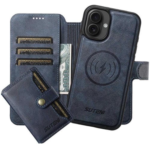 Funda de cuero Suteni Q05S1 3 en 1 con función de billetera desmontable y MagSafe para iPhone 16 Plus (azul)