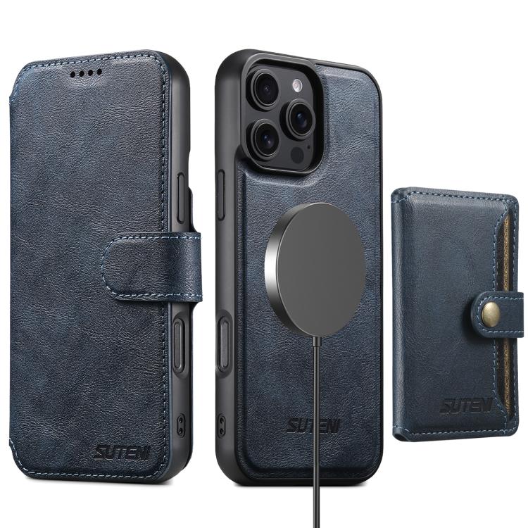 Funda de cuero Suteni Q05S1 3 en 1 con función de billetera desmontable y MagSafe para iPhone 16 Plus (azul)