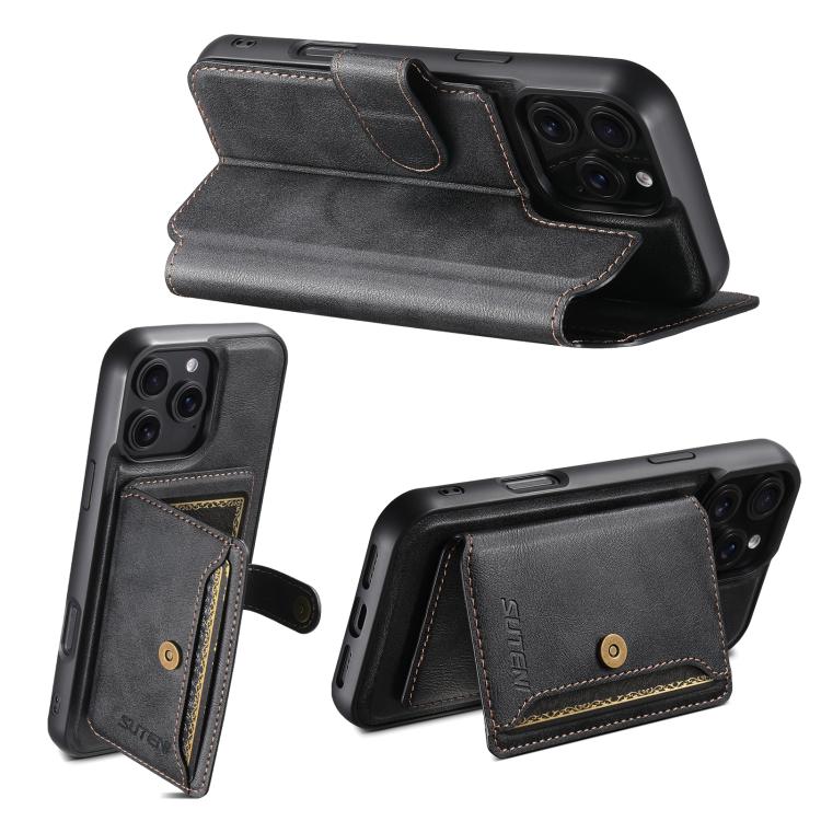 Funda de cuero Suteni Q05S1 3 en 1 con función de billetera desmontable y MagSafe para iPhone 16 Pro Max (negra)