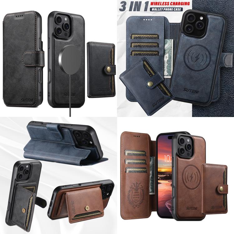 Funda de cuero Suteni Q05S1 3 en 1 con billetera desmontable y MagSafe para iPhone 15 Pro Max (marrón)