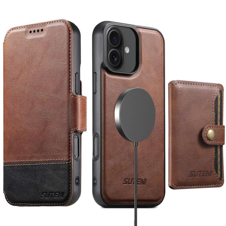 Funda de cuero Suteni Q06S1 3 en 1 con cierre magnético y billetera desmontable para iPhone 16 Plus (marrón)