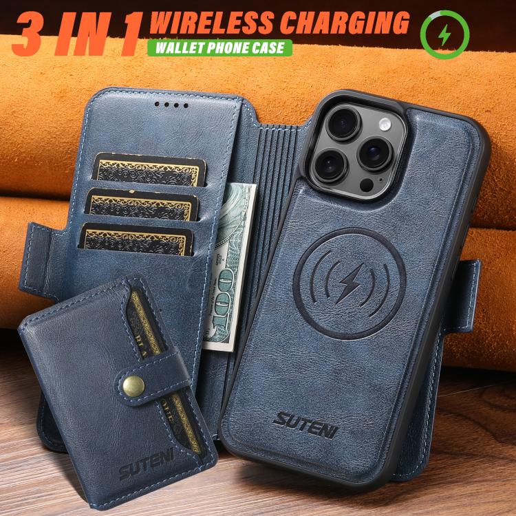 Funda de cuero Suteni Q06S1 3 en 1 con cierre magnético y billetera desmontable para iPhone 15 Pro Max (azul)