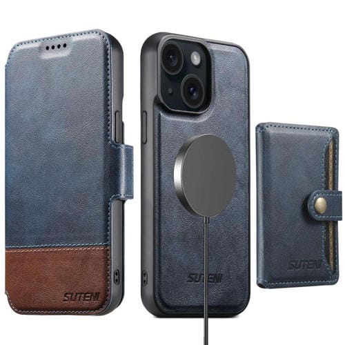 Funda de cuero Suteni Q06S1 3 en 1 con cierre magnético y desmontable para iPhone 15 (azul)