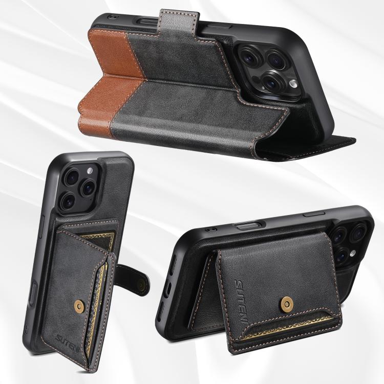 Funda de cuero Suteni Q06S1 3 en 1 con función de billetera desmontable y cierre MagSafe para iPhone 14 Plus (negro)