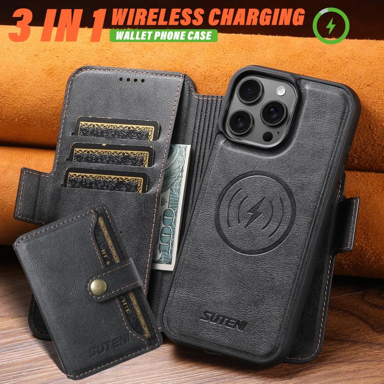 Funda de cuero Suteni Q06S1 3 en 1 con función de billetera desmontable y cierre MagSafe para iPhone 14 Plus (negro)