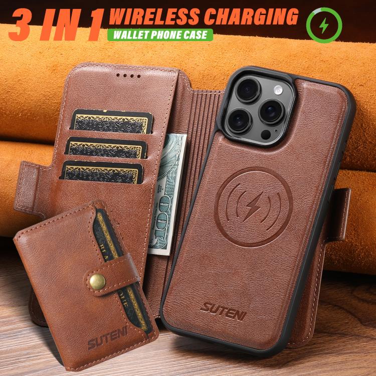Funda de cuero Suteni Q06S1 3 en 1 con función de billetera desmontable y MagSafe para iPhone 14 (marrón)