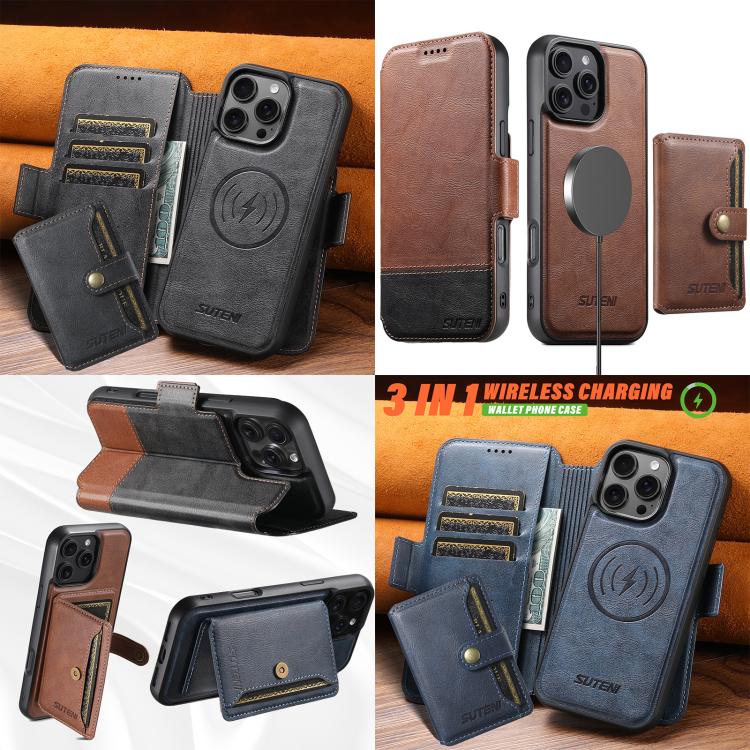 Funda de cuero Suteni Q06S1 3 en 1 con cierre magnético y billetera desmontable para iPhone 15 Pro Max (azul)