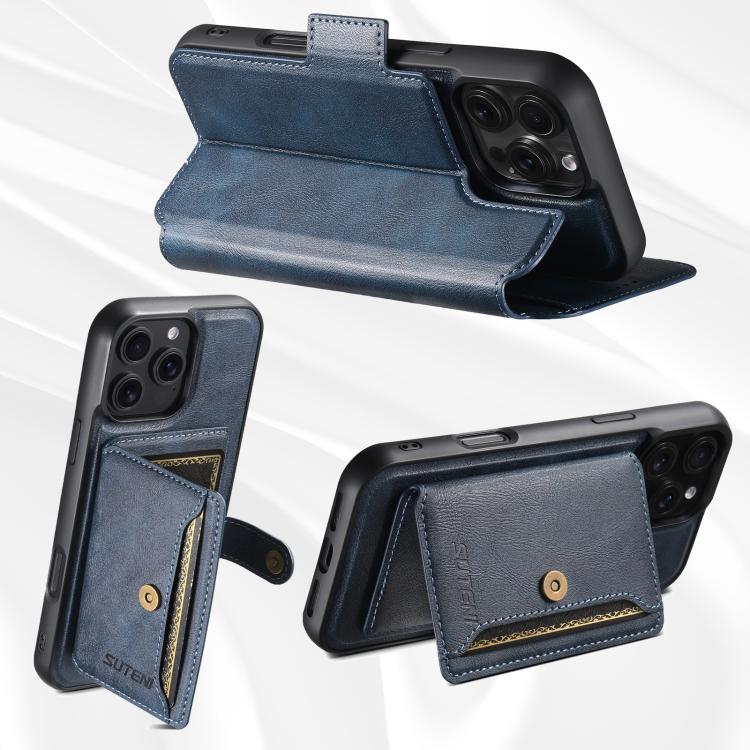 Funda de cuero Suteni Q07S1 3 en 1 con cierre magnético y billetera desmontable para iPhone 16 Pro Max (azul)