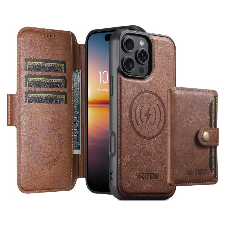 Funda de cuero Suteni Q07S1 3 en 1 con cierre magnético y billetera desmontable para iPhone 16 Plus (marrón)