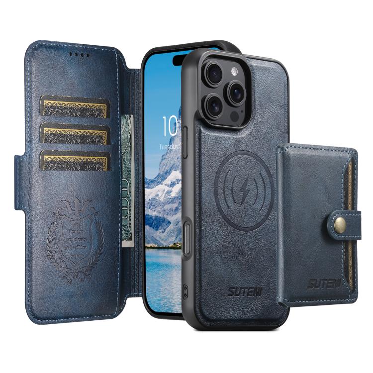 Funda de cuero Suteni Q07S1 3 en 1 con cierre magnético y billetera desmontable para iPhone 16 Plus (azul)