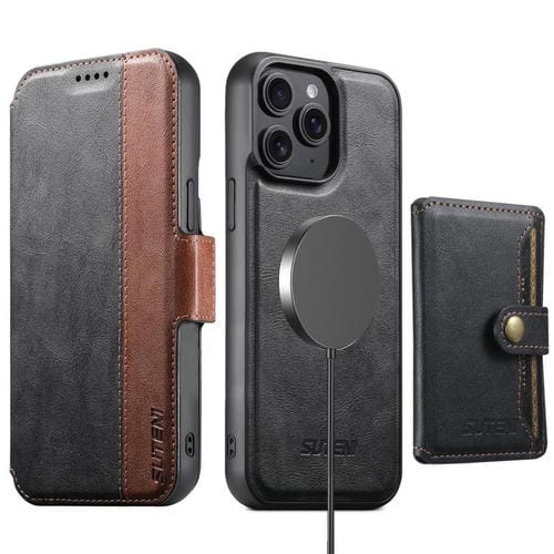 Funda de cuero Suteni Q07S1 3 en 1 con cierre magnético y billetera desmontable para iPhone 14 Pro Max (negro)
