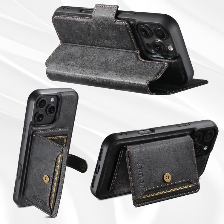 Funda de cuero Suteni Q07S1 3 en 1 con cierre magnético y billetera desmontable para iPhone 12 Pro Max (negro)