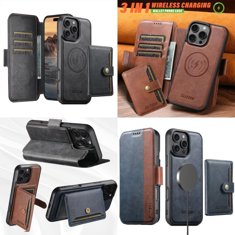 Funda de cuero Suteni Q07S1 3 en 1 con cierre magnético y billetera desmontable para iPhone 16 Plus (marrón)
