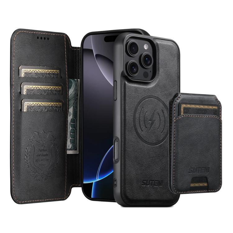 Funda de cuero Suteni Q05S2 3 en 1 con tapa vertical desmontable y función de cierre magnético para iPhone 16 Pro Max (negro)