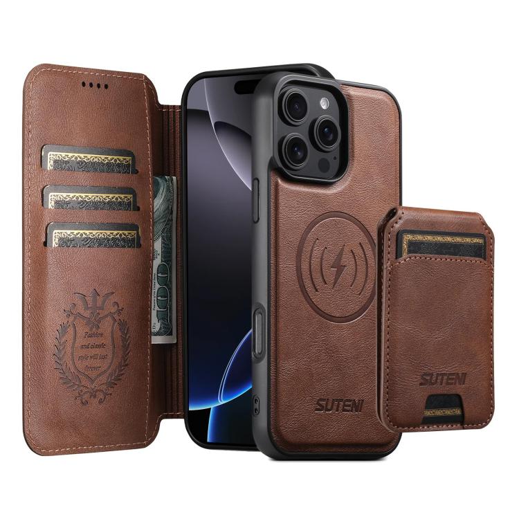 Funda de cuero Suteni Q05S2 3 en 1 con tapa vertical desmontable y función MagSafe para iPhone 16 Pro Max (marrón)