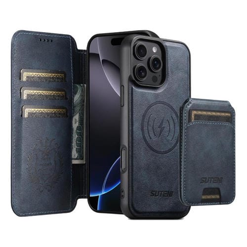 Funda de cuero Suteni Q05S2 3 en 1 con tapa vertical desmontable y función de cierre magnético para iPhone 16 Pro Max (azul)