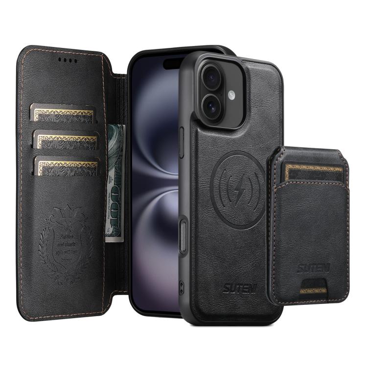 Funda de cuero Suteni Q05S2 3 en 1 con tapa vertical desmontable y función MagSafe para iPhone 16 Plus (negra)
