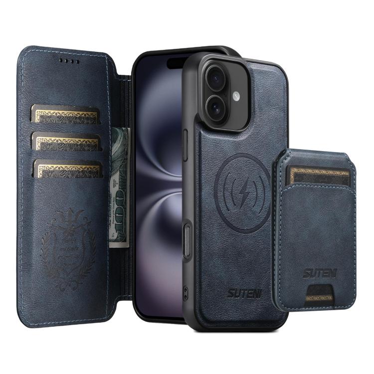 Funda de cuero Suteni Q05S2 3 en 1 con tapa vertical desmontable y función MagSafe para iPhone 16 (azul)