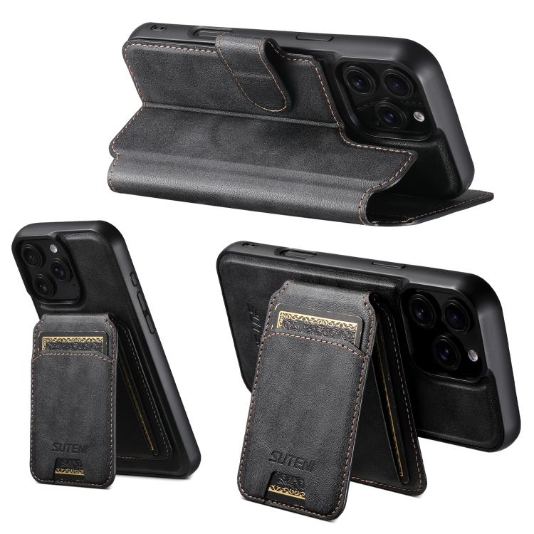 Funda de cuero Suteni Q05S2 3 en 1 con tapa vertical desmontable y función de cierre magnético para iPhone 15 Pro Max (negro)
