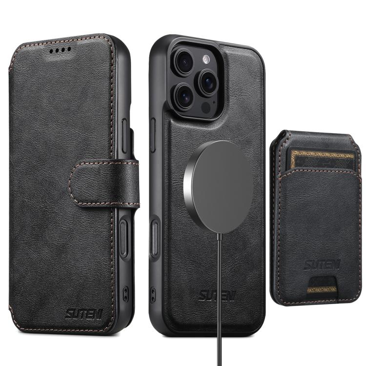 Funda de cuero Suteni Q05S2 3 en 1 con tapa vertical desmontable y función de cierre magnético para iPhone 15 Pro (negro)