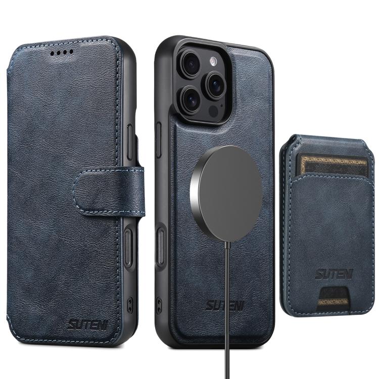 Funda de cuero Suteni Q05S2 3 en 1 con tapa vertical desmontable y función de cierre magnético para iPhone 15 Pro (azul)