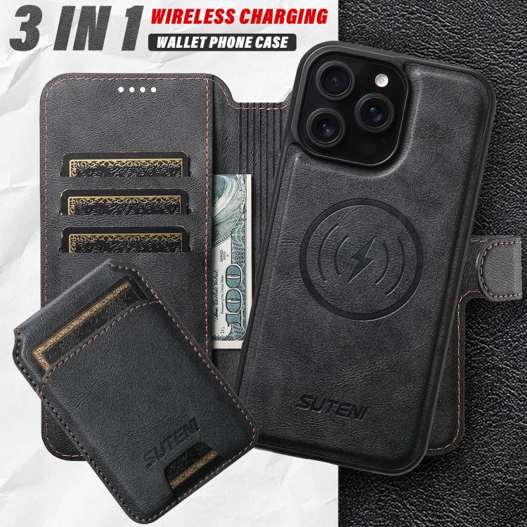 Funda de cuero Suteni Q05S2 3 en 1 con tapa vertical desmontable y función de cierre magnético para iPhone 15 Plus (negro)
