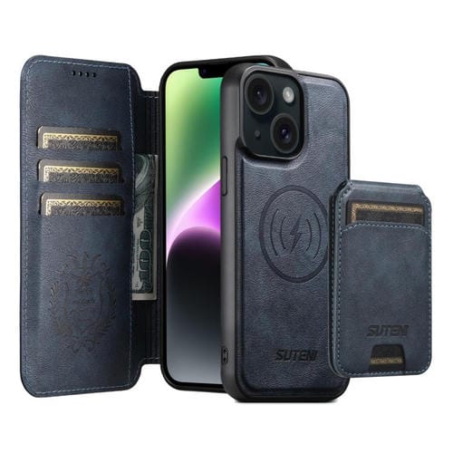 Funda de cuero Suteni Q05S2 3 en 1 con tapa vertical desmontable y función de cierre magnético para iPhone 14 (azul)