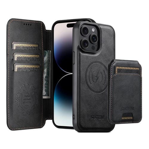 Funda de cuero Suteni Q05S2 3 en 1 con tapa vertical desmontable y función de cierre magnético para iPhone 14 Pro (negro)