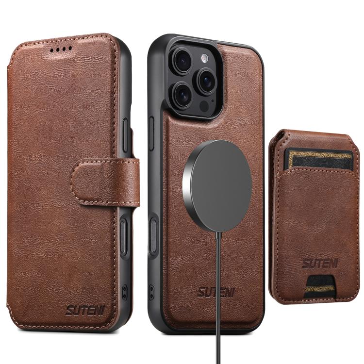 Funda de cuero Suteni Q05S2 3 en 1 con tapa vertical desmontable y función MagSafe para iPhone 14 Pro (marrón)