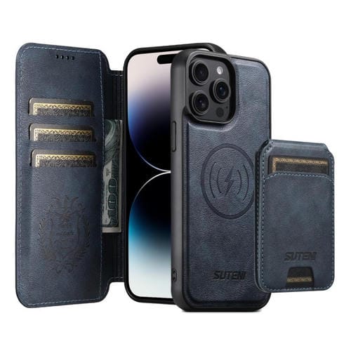 Funda de cuero Suteni Q05S2 3 en 1 con tapa vertical desmontable y función de cierre magnético para iPhone 14 Pro (azul)