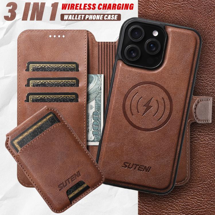 Funda de cuero Suteni Q05S2 3 en 1 con tapa vertical desmontable y función MagSafe para iPhone 14 Pro Max (marrón)