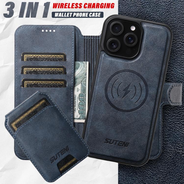 Funda de cuero Suteni Q05S2 3 en 1 con tapa vertical desmontable y función de cierre magnético para iPhone 14 Pro Max (azul)
