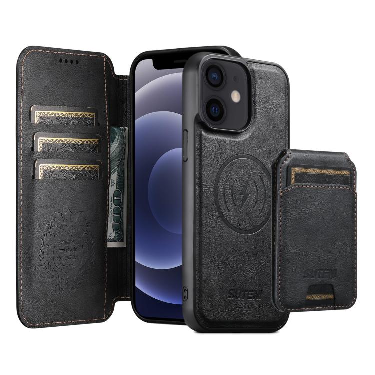 Funda de cuero Suteni Q05S2 3 en 1 con tapa vertical desmontable y función MagSafe para iPhone 12 (negro)