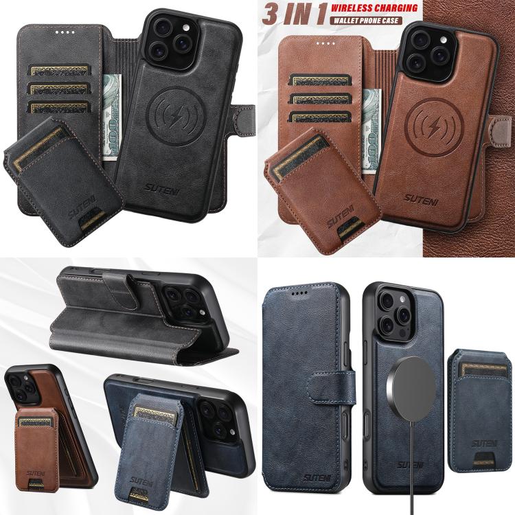 Funda de cuero Suteni Q05S2 3 en 1 con tapa vertical desmontable y función de cierre magnético para iPhone 15 Pro (negro)