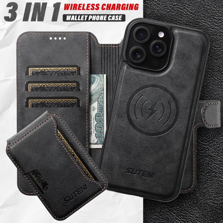 Funda de cuero Suteni Q05S3 3 en 1 con tapa vertical desmontable y función de cierre magnético para iPhone 16 Pro Max (negro)