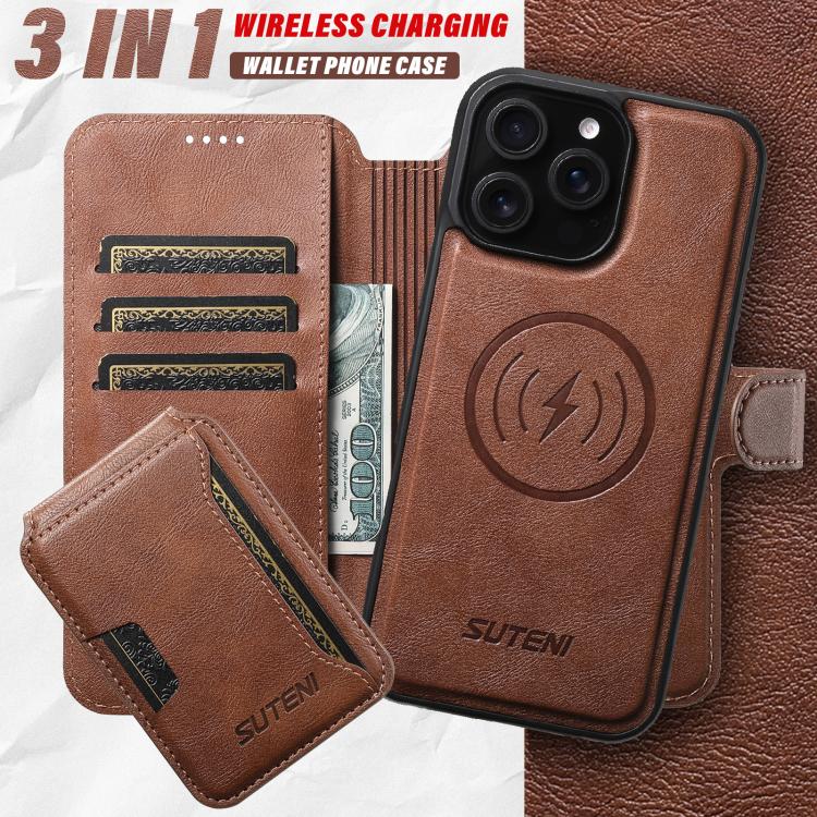 Funda de cuero Suteni Q05S3 3 en 1 con tapa vertical desmontable y función MagSafe para iPhone 16 Pro Max (marrón)