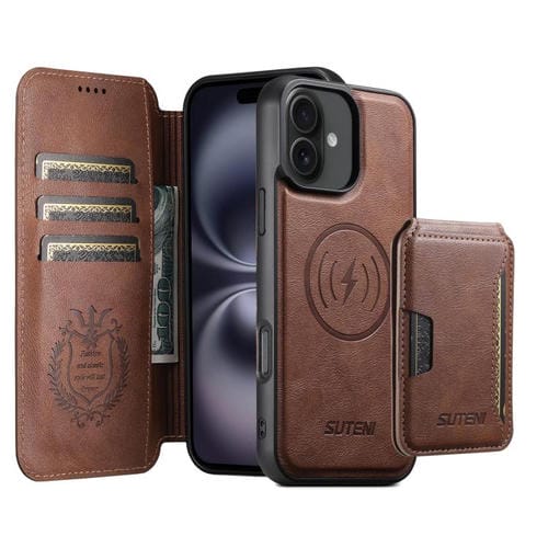 Funda de cuero Suteni Q05S3 3 en 1 con tapa vertical desmontable y función MagSafe para iPhone 16 Plus (marrón)