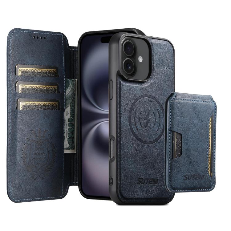 Funda de cuero Suteni Q05S3 3 en 1 con tapa vertical desmontable y función MagSafe para iPhone 16 (azul)