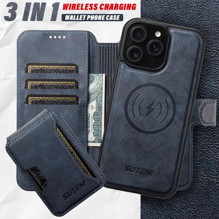 Funda de cuero Suteni Q05S3 3 en 1 con tapa vertical desmontable y función MagSafe para iPhone 16 (azul)