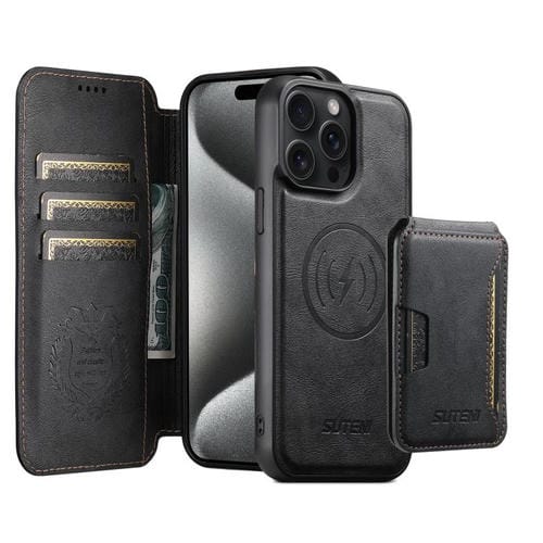 Funda de cuero Suteni Q05S3 3 en 1 con tapa vertical desmontable y función de cierre magnético para iPhone 15 Pro (negro)