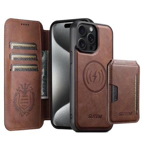Funda de cuero Suteni Q05S3 3 en 1 con tapa vertical desmontable y función MagSafe para iPhone 15 Pro (marrón)