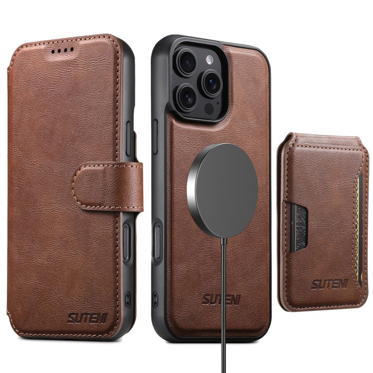 Funda de cuero Suteni Q05S3 3 en 1 con tapa vertical desmontable y función MagSafe para iPhone 15 Pro (marrón)