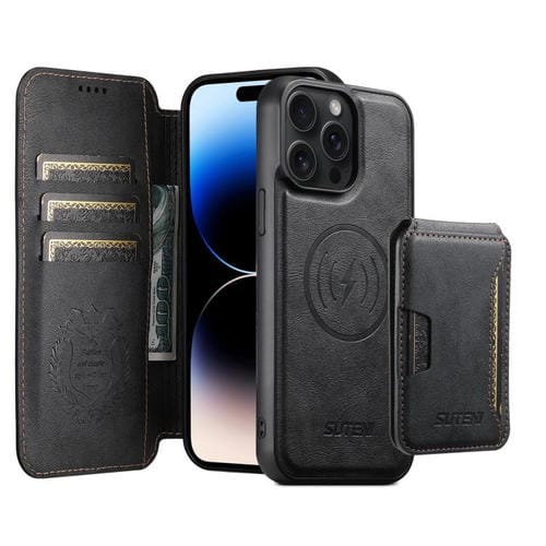 Funda de cuero Suteni Q05S3 3 en 1 con tapa vertical desmontable y función de cierre magnético para iPhone 14 Pro (negro)