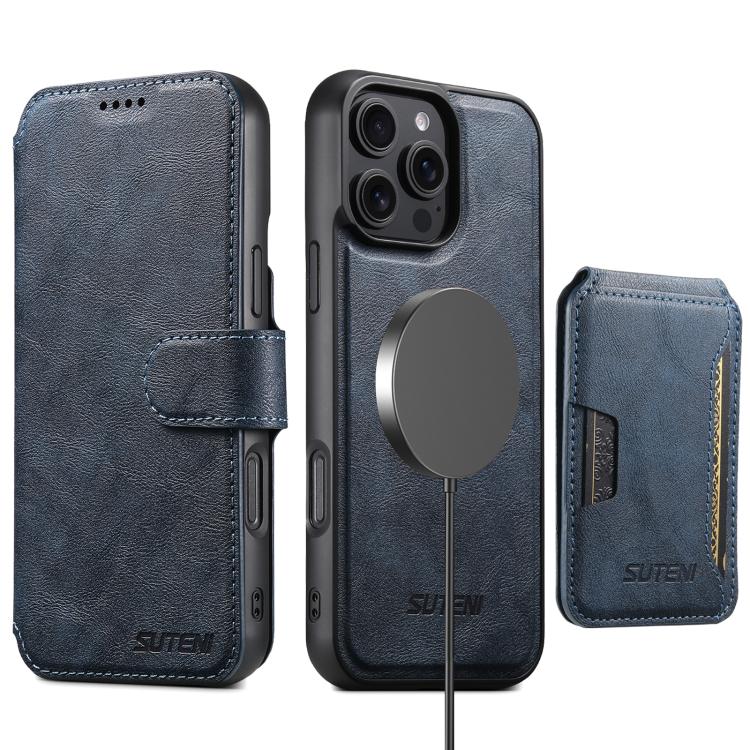 Funda de cuero Suteni Q05S3 3 en 1 con tapa vertical desmontable y función de cierre magnético para iPhone 14 Pro (azul)